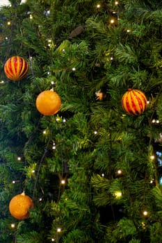 Close up of Christmas tree. Bokeh in the background. Selective focused. Defocused