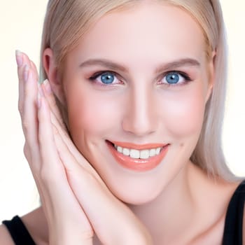 Closeup personable beautiful woman portrait with perfect smooth clean skin and natural makeup portrait in isolated background. Hand gesture with expressive facial expression for beauty model concept.