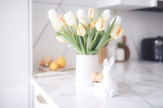 Easter table setting with tulips, Easter bunnies, and eggs with golden patterns in the white Scandinavian-style kitchen background. Beautiful minimalist design for greeting card.