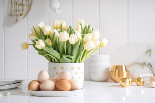 Easter table setting with tulips, Easter bunnies, and eggs with golden patterns in the white Scandinavian-style kitchen background. Beautiful minimalist design for greeting card.