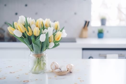 Easter table setting with tulips, Easter bunnies, and eggs with golden patterns in the white Scandinavian-style kitchen background. Beautiful minimalist design for greeting card.