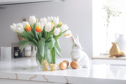 Easter table setting with tulips, Easter bunnies, and eggs with golden patterns in the white Scandinavian-style kitchen background. Beautiful minimalist design for greeting card.