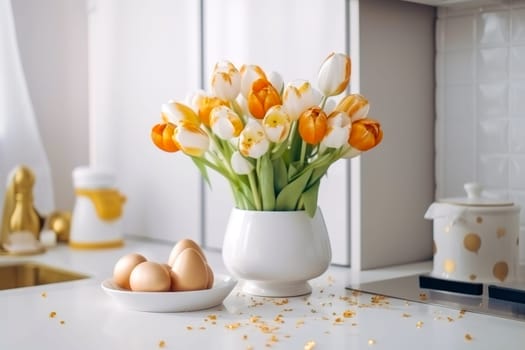 Easter table setting with tulips, Easter bunnies, and eggs with golden patterns in the white Scandinavian-style kitchen background. Beautiful minimalist design for greeting card.