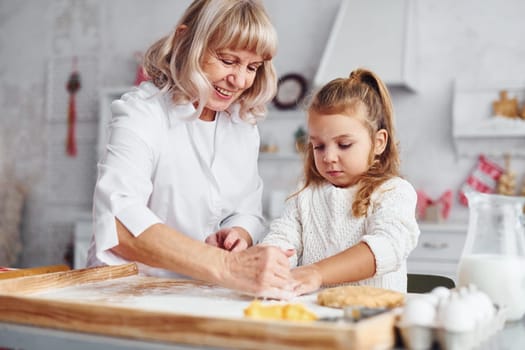 Teaching process. Senior grandmother with her little granddaughter cooks sweets for Christmas on the kitchen.