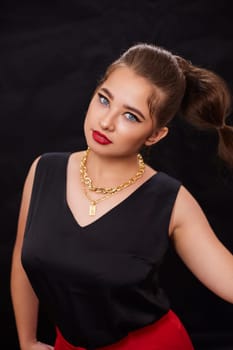 portrait shot of a young Ukrainian woman on the background, after make-up and hairstyle, for clothing advertising.