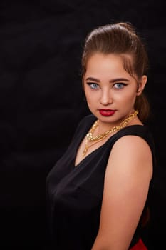 portrait shot of a young Ukrainian woman on the background, after make-up and hairstyle, for clothing advertising.