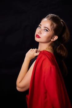 portrait shot of a young Ukrainian woman on the background, after make-up and hairstyle, for clothing advertising.