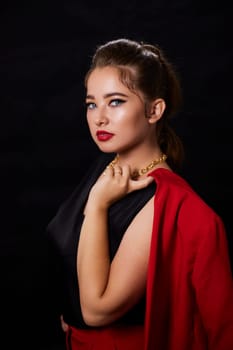 portrait shot of a young Ukrainian woman on the background, after make-up and hairstyle, for clothing advertising.