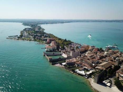 Scallgero Castle Aerial shots Sirmione Lake Garda Italy. High quality photo