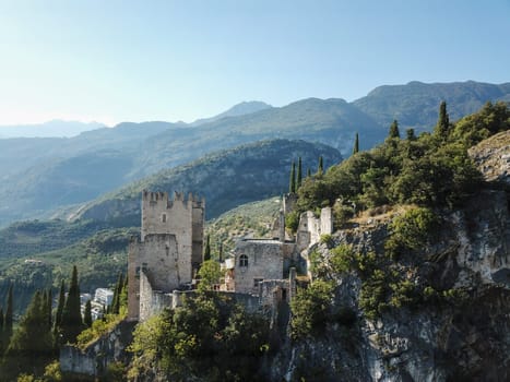 Aerial views over the city forts of Arco in Garda Lake Italy. High quality photo