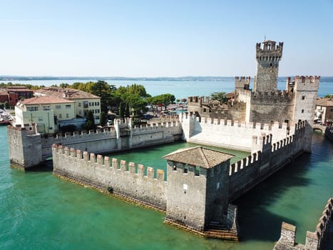 Scallgero Castle Aerial shots Sirmione Lake Garda Italy. High quality photo