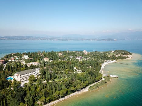 Scallgero Castle Aerial shots Sirmione Lake Garda Italy. High quality photo