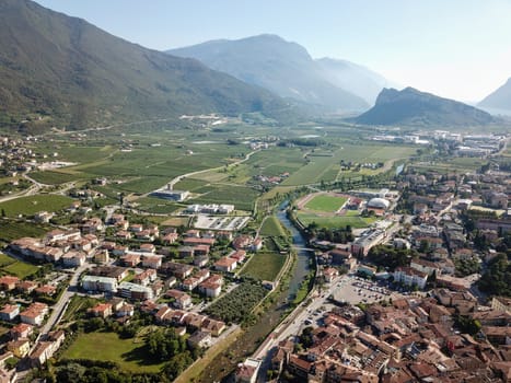 Aerial views over the city forts of Arco in Garda Lake Italy. High quality photo