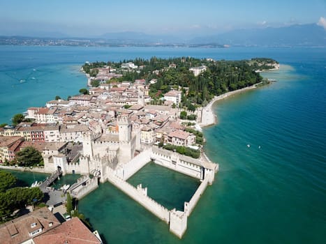 Scallgero Castle Aerial shots Sirmione Lake Garda Italy. High quality photo