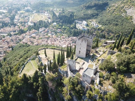 Aerial views over the city forts of Arco in Garda Lake Italy. High quality photo