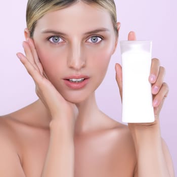 Alluring beautiful perfect cosmetic skin woman portrait hold mockup tube cream or moisturizer for skincare treatment, anti-aging product in isolated background. Natural healthy skin model concept.