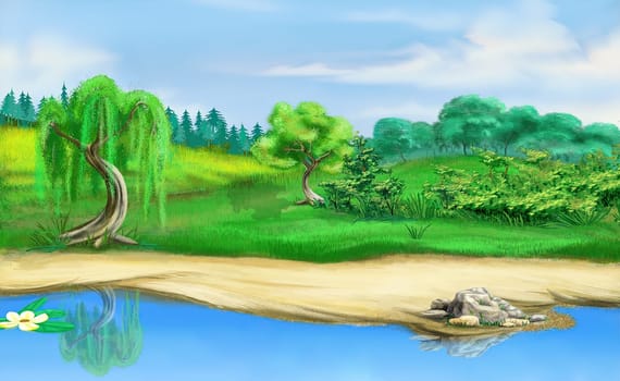 Willow trees by the river on a sunny summer day. Digital Painting Background, Illustration.