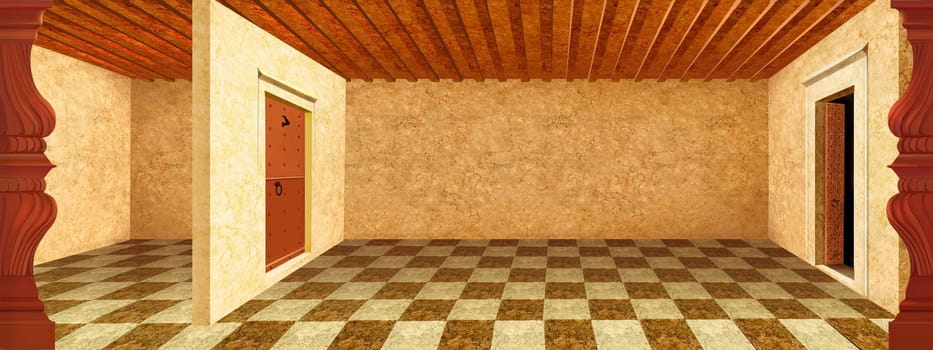 Empty hall interior with chess floor. Digital Painting Background, Illustration.