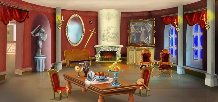 Retro interior of a luxury baroque fireplace room. Digital Painting Background, Illustration.