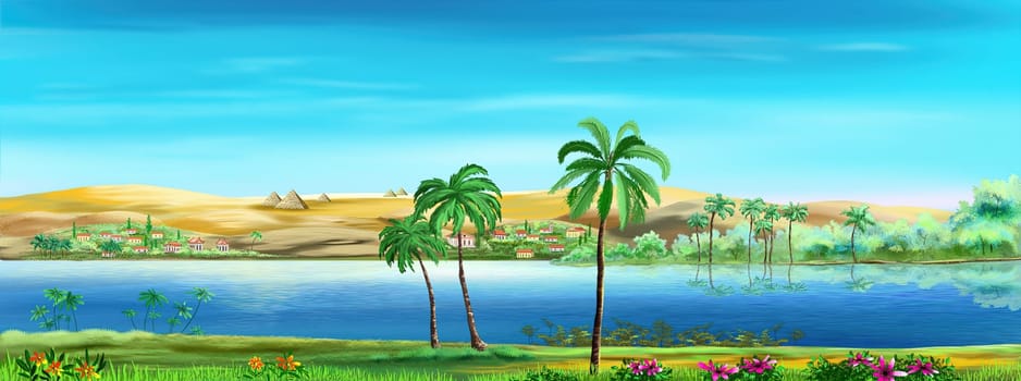 Palm tree on the Nile river in Egypt at the sunny day. Digital Painting Background, Illustration.