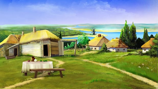 Traditional old Ukrainian village on the bank of the river on a sunny summer day. Digital Painting Background, Illustration.