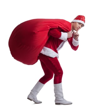 Full length portrait of young Santa with bag. Isolated on white