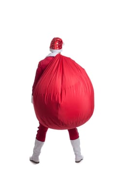 mant like christmas santa claus walk away with red bag isolated