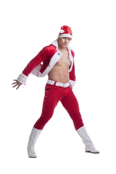 Full length portrait of young and sexy Santa Claus. Isolated on white