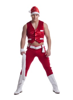 Young man posing in santa claus celebration costume isolated