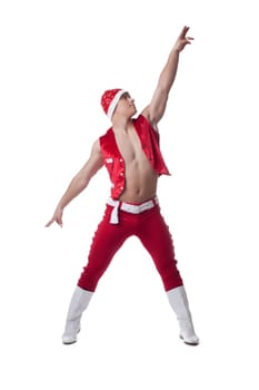 Full length portrait of dancer in red christmas costume. Isolated in white