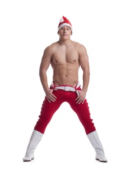 Full length portrait Striptease dancer in christmas costume undress. Isolated on white
