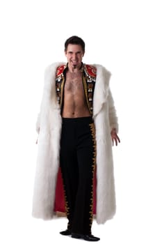 Full length portrait of toreador in fur coat. Isolated on white