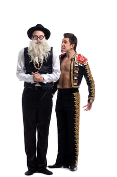 Full length portrait of old Jew and toreador. Isolated on white