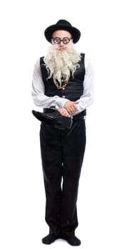 Funny old Jew with shoe. Isolated on white