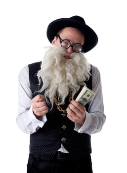 Funny old Jew with banknotes. Isolated on white