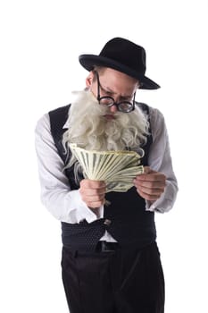 Portrait of old jew with dollar bills. Isolated on white