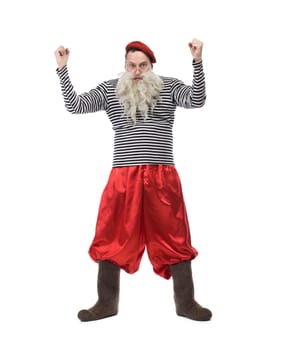 Funny old man in red pants. Isolated on white