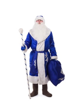 Russian father Christmas in blue costume with gifts