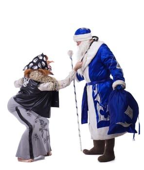 Baba Yaga and Father Christmas. Isolated on white