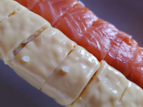 Appetizing sushi with fish and cheese close up.