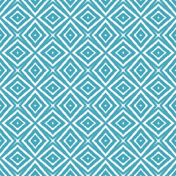 Ikat repeating swimwear design. Turquoise symmetrical kaleidoscope background. Textile ready original print, swimwear fabric, wallpaper, wrapping. Summer ikat sweamwear pattern.