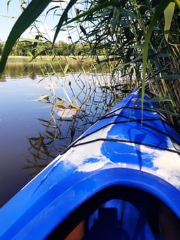 Blue kayak in the reed beds on the surface of the water on a summer morning.