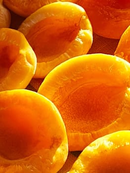 Juicy yellow-orange apricot slices lie in the sun close-up.