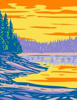 WPA poster art of Ribbon Lake in the Canyon section of Yellowstone National Park, Montana USA done in works project administration style federal art project style or federal art project style.