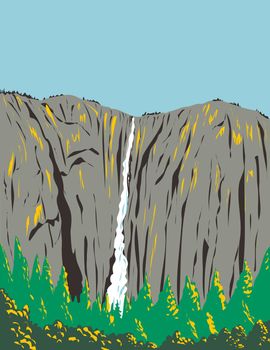 WPA poster art of Ribbon Falls flowing off a cliff on the west side of El Capitan within Yosemite National Park, California USA done in works project administration style or federal art project style.