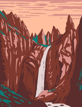 WPA poster art of Tower Fall on Tower Creek located in northeastern Yellowstone National Park, Wyoming United States done in works project administration style or federal art project style.