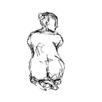 Doodle art illustration of a nude female human figure model posing seated or sitting down done in continuous line drawing style in black and white on isolated background.