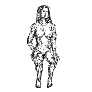 Doodle art illustration of a female human figure model posing and sitting in the nude viewed from front done in continuous line drawing style in black and white on isolated background.