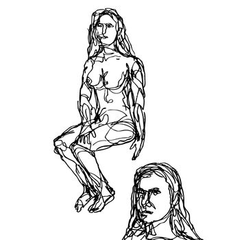 Doodle art illustration of a female human figure model posing and sitting in the nude viewed from front done in continuous line drawing style in black and white on isolated background.