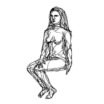 Doodle art illustration of a female human figure model posing and sitting in the nude viewed from front done in continuous line drawing style in black and white on isolated background.